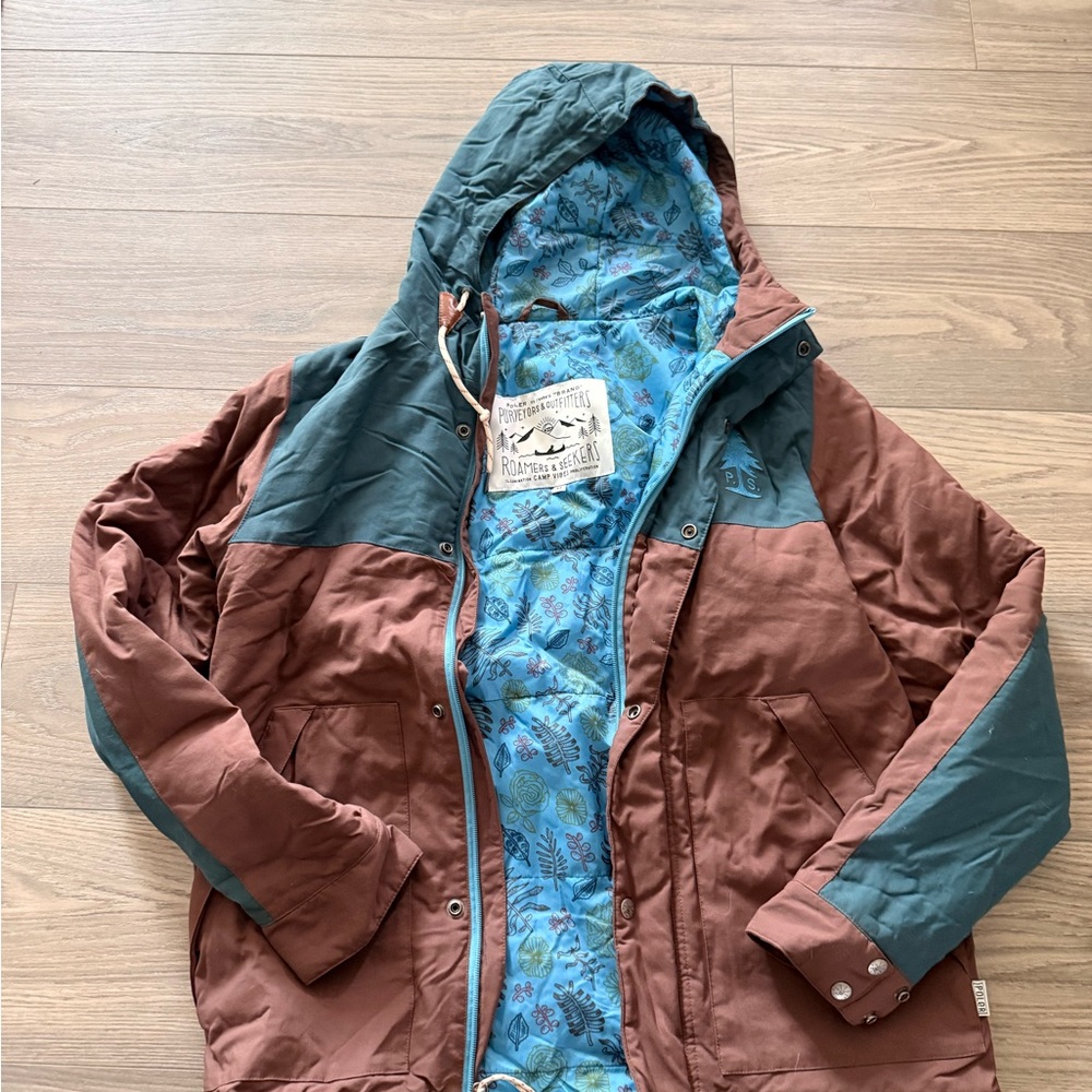 Poler Stuff Brown and Teal Jacket with Blue Patterned Lining
